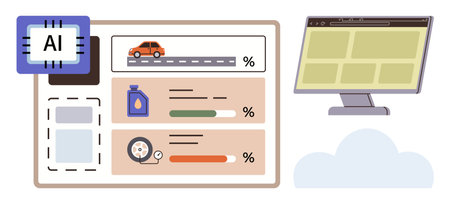AI chip analyzes vehicle diagnostics, oil levels, tire pressure on a dashboard with cloud and display. Ideal for technology, AI, transportation, diagnostics, automation IoT innovation. Simple flatのイラスト素材