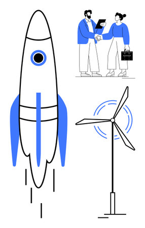 Rocket launch, wind turbine, business professionals shaking hands highlight innovation, renewable energy, and partnership. Ideal for technology, entrepreneurship, sustainability, business futureのイラスト素材