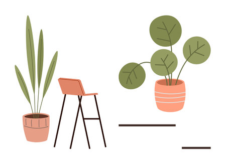 Two potted plants with broad leaves, sleek orange stool, and a minimal geometric layout. Ideal for home decor, modern lifestyle, eco-living, minimalism, design inspiration, relaxation greenのイラスト素材