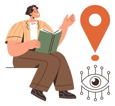 Person sitting with an open book, raising a hand in thought. Nearby eye symbol and location marker suggest learning, discovery, creativity, vision. Ideal for education, inspiration, explorationのイラスト素材