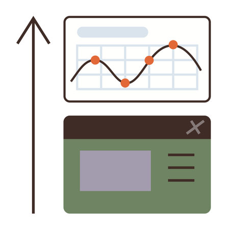 Growth arrow with a line chart and user interface card. Ideal for business strategy, data analysis, performance growth, digital marketing, progress tracking, financial planning, simple flat metaphorのイラスト素材