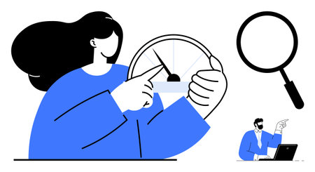 Woman controlling a speedometer, magnifying glass symbolizing analysis, and a worker with a laptop pointing at data. Ideal for performance, optimization, growth, accuracy, focus, progress analysisのイラスト素材