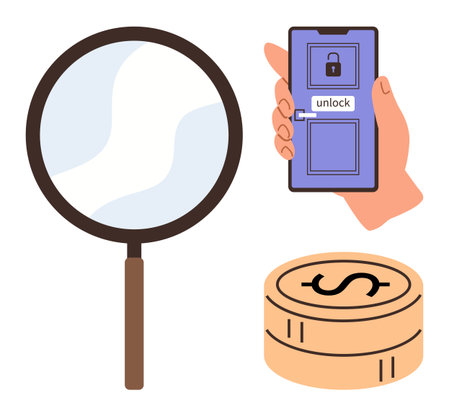 Magnifying glass, hand holding smartphone with unlock icon, coin stack. Ideal for finance, security, technology, data privacy, online access investigations research. Clear and simple flat metaphorのイラスト素材