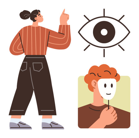 Woman gesturing upward, large eye symbol representing awareness, and man holding a mask symbolizing hidden identity. Ideal for awareness, self-expression, identity, perception, introspectionのイラスト素材