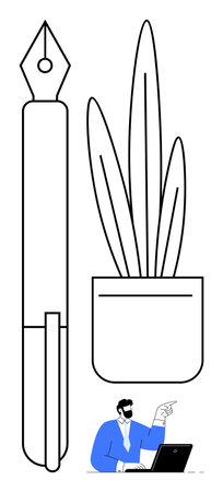 Fountain pen next to a potted plant, with a man pointing at a laptop screen, symbolizing creativity, growth, productivity, learning, collaboration, strategy and communication. Ideal for educationのイラスト素材