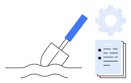 Shovel breaking ground, gear symbolizing process, documents highlighting planning. Ideal for construction, project management, strategy, innovation, groundwork, goal setting simple flat metaphorのイラスト素材