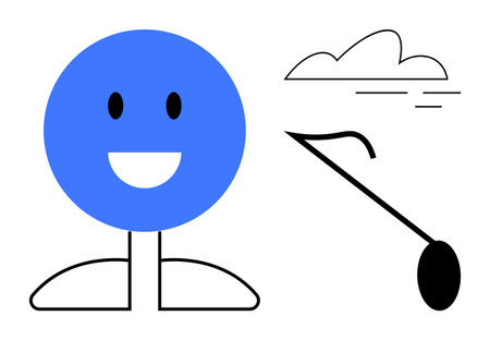 Blue-headed smiling figure with simple body, golf club, and cloud design. Ideal for recreation, sports, leisure, simplicity, humor minimalism playful themes. Represents a simple flat metaphorのイラスト素材