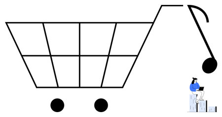 Oversized shopping cart paired with a small figure on stacked boxes using a laptop, blending e-commerce, online shopping, and digital work trends. Ideal for retail, innovation, commerce, technologyのイラスト素材