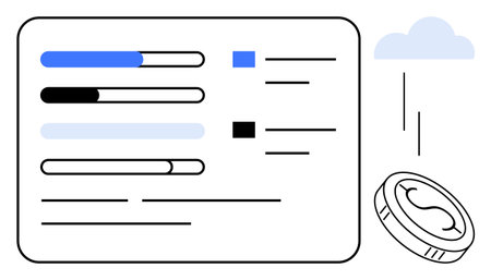 Progress bars, text grids, coin, and cloud representing tasks, finance, and resource tracking. Ideal for management, analytics finance tech productivity workflow and budget. Simple flat metaphorのイラスト素材