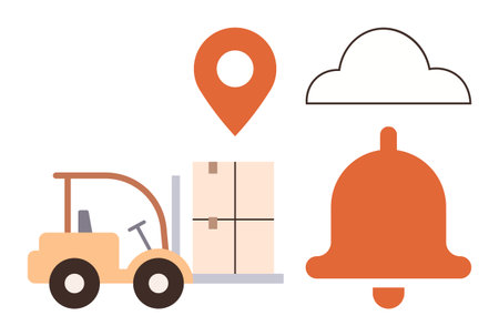 Forklift moving boxes with location pin, cloud, and bell. Ideal for logistics, warehouse, delivery, inventory, supply chain transportation notification concepts. Clean flat design metaphorのイラスト素材