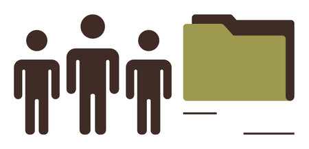 Three human figures stand beside a green file folder, symbolizing teamwork, collaboration, document sharing, and data organization. Ideal for teamwork, file sharing, data management, archivesのイラスト素材