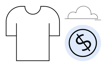 Simple t-shirt, circular dollar sign, and minimal cloud. Ideal for fashion, e-commerce, economy, sustainability, creativity branding marketing. Clean and simple flat metaphorのイラスト素材