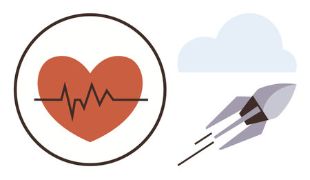 Red heart with heartbeat line, gray rocket ascending towards clouds. Ideal for health, technology, innovation, growth, goals, success motivation. Simple flat metaphorのイラスト素材
