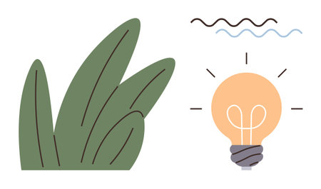 Green leaves and radiant light bulb with wavy lines illustrate creativity, sustainability, eco-consciousness, energy efficiency, innovative thinking, environmental awareness, and clean energy. Idealのイラスト素材