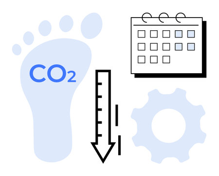 Large footprint with CO2, downward arrow, gear, and calendar symbolizing emission reduction, planning, and efficiency. Ideal for sustainability, environment, planning eco-friendly strategiesのイラスト素材