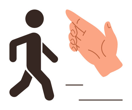 Simplified figure walking beside an oversized hand making a gesture. Ideal for communication, guidance, movement, teamwork, support, direction, empowerment. Simple flat metaphorのイラスト素材