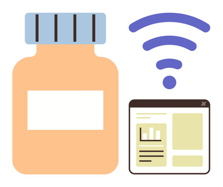Pill container alongside web interface and wireless signal indicating digital health monitoring. Ideal for healthcare, technology, innovation, connectivity, medical research, remote access, simpleのイラスト素材