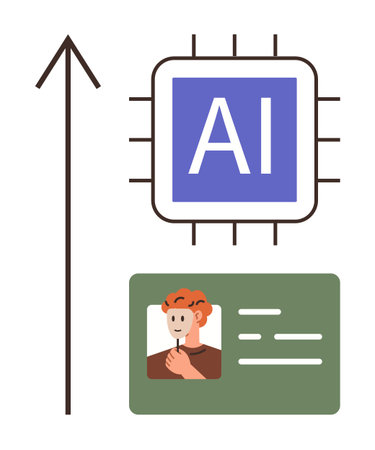 AI chip above ID card next to upward arrow symbolizing AI advancements, identification enhancement, tech progress. Ideal for innovation, AI development, automation, security, futurism, researchのイラスト素材