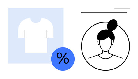 Minimalistic T-shirt icon, discount percentage symbol, and user profile outline. Ideal for fashion, shopping, membership, marketing, personalization retail discount campaigns. Simple flat metaphorのイラスト素材