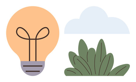 Light bulb representing innovation, leafy plant symbolizing growth, and cloud for ideas or inspiration. Ideal for creativity, sustainability, environment, brainstorming, imagination, eco-friendlyのイラスト素材