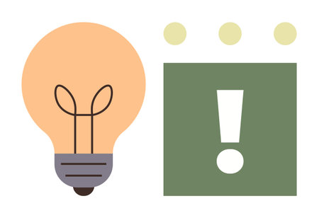 Light bulb beside green block with exclamation point, symbolizing creativity and importance. Ideal for innovation, awareness, problem-solving, productivity, strategy, focus communication. A simpleのイラスト素材