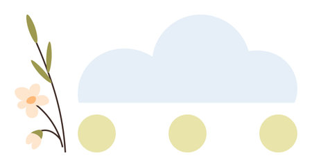 Cloud shape with delicate blue hue, three yellow circles below, accented by a branch with simple flowers. Ideal for nature, simplicity, calm, eco-friendliness, spring mindfulness minimalism. Aのイラスト素材