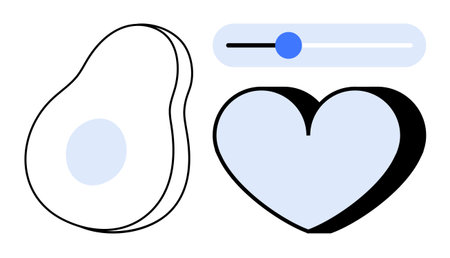 Avocado half outline, heart filled with soft blue color, and slider icon with adjustable circle. Ideal for healthy lifestyle, nutrition, love, diet concepts, wellness simplicity UI design. Cleanのイラスト素材