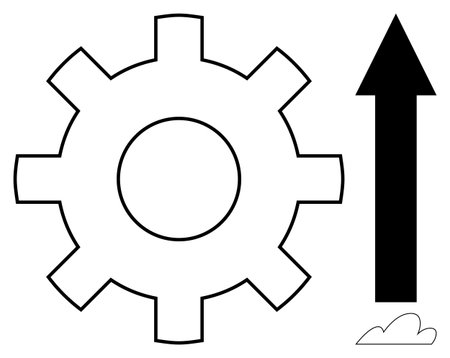Gear beside bold upward arrow and small cloud conveys ideas of teamwork, improvement, progress, innovation, technology, and success. Ideal for business growth, strategy development, goal settingのイラスト素材