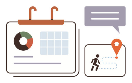 Calendar with grid and pie chart, speech bubble, map with route and location, running figure. Ideal for scheduling, goal tracking, project management, planning communication navigation timeline. Aのイラスト素材