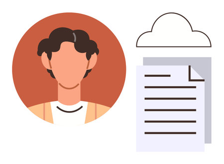 Person avatar beside cloud and document icons symbolizes online data storage, user account, and digital file access. Ideal for technology, cloud storage, profile management, data security, onlineのイラスト素材