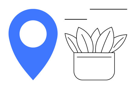 Blue location marker beside a minimalistic potted plant and abstract lines. Ideal for themes of navigation, eco-consciousness, sustainability, growth, simplicity, orientation, and balance. Simpleのイラスト素材