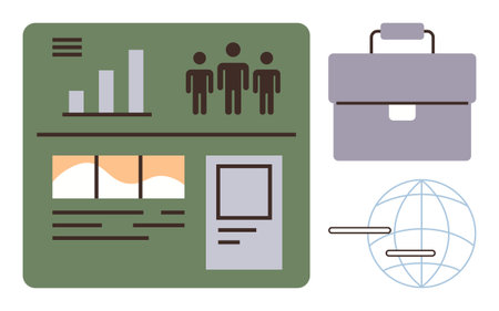 Business dashboard with charts, team figures, and analytics paired with a briefcase and globe outline. Ideal for management, analytics, strategy, collaboration, globalization, planning growth inのイラスト素材
