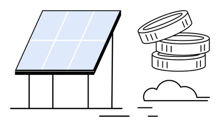 Solar panel generating clean energy, stacked coins emphasizing financial benefits, minimal cloud. Ideal for renewable energy, sustainability, green economy, investment, cost savings, technologyのイラスト素材