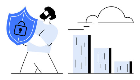 Man holding shield with lock symbol, representing data security and privacy. Bar chart and cloud suggest analytics, progress, and cloud security. Ideal for cybersecurity, analytics, privacyのイラスト素材