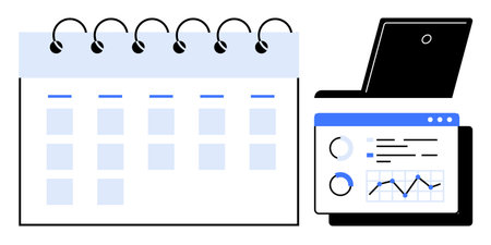 Spiral calendar for scheduling alongside a laptop screen displaying data charts and graphs. Ideal for productivity, time management, data analysis, business planning, organization, workflow, simpleのイラスト素材