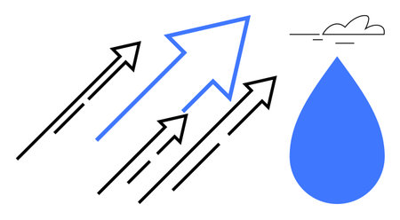 Black and blue arrows move upward beside a blue water drop and cloud. Ideal for growth, sustainability, environment, progress, innovation, energy efficiency, renewable resources. Simple flat metaphorのイラスト素材