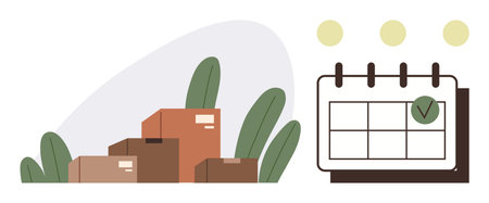 Cardboard boxes stacked alongside a marked calendar. Ideal for delivery, logistics, time management, planning, organization, scheduling, productivity. A simple flat metaphorのイラスト素材