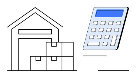 Warehouse with stacked boxes next to calculator representing inventory control, cost management, and supply chain planning. Ideal for logistics, e-commerce, accounting, stocks, shipping, retailのイラスト素材