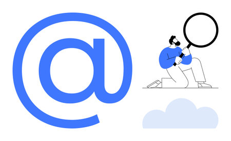 Large blue email at sign with person holding magnifying glass kneeling beside a cloud. Ideal for email, technology, digital search, internet research, cloud computing, online services, simple flatのイラスト素材