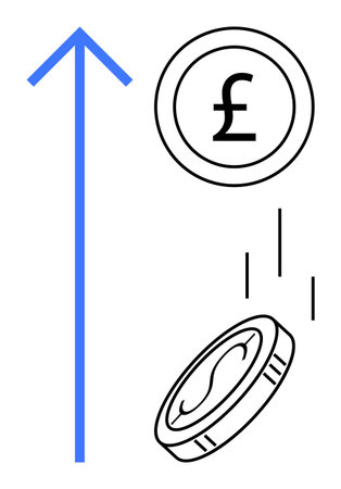Blue upward arrow beside pound coins conveying growth, profit, and upward trends. Ideal for finance, economy, investment, success, wealth progress and growth concepts. Simple flat metaphorのイラスト素材