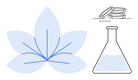 Flower outline overlaps with flask containing liquid, coins symbolize finance. Ideal for science, nature, sustainability, ecology, research, innovation economic growth. Simple flat metaphorのイラスト素材