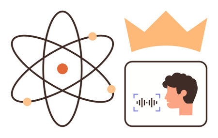 Atomic orbit, crown, face with voice scan and soundwaves highlight science, leadership, tech,...