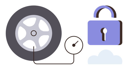 Car tire connected to a pressure gauge, accompanied by a padlock and a cloud. Ideal for vehicle safety, system monitoring, protection, smart technology, security, cloud integration, simple landingのイラスト素材