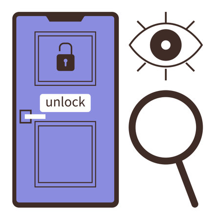 Purple door with a lock symbol, unlock label, magnifying glass, and open eye illustrating access, exploration, security, observation, mystery solving knowledge acquisition and innovation. Idealのイラスト素材