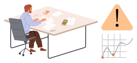 Man seated at desk reviewing documents alongside an exclamation warning sign and data chart. Ideal for business analysis, management, risk, strategy, decision-making, problem-solving, simple flatのイラスト素材