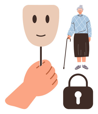 Hand holding a smiling mask, elderly woman with cane standing, and padlock symbol in flat design. Ideal for mental health, aging, identity, security, vulnerability, trust simple flat metaphorのイラスト素材