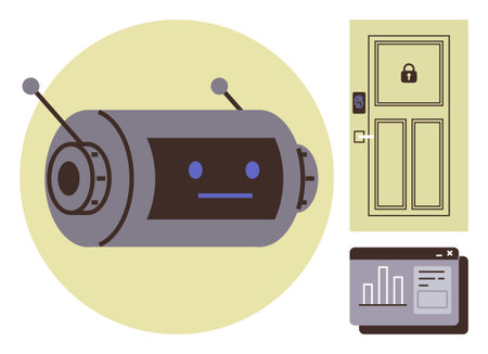 Futuristic robot, secured smart door with lock, and data analytics on screen. Ideal for technology, automation, security, AI, innovation, IoT and a simple flat metaphorのイラスト素材
