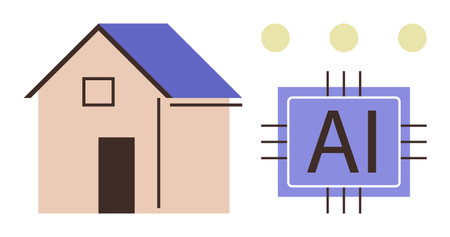 House with blue roof next to AI microchip, representing advanced AI-driven home technology. Ideal for innovation, smart living, home automation, connectivity, technology trends, digitalのイラスト素材