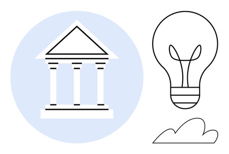 Government building with triangular roof and columns, light bulb symbolizing ideas, and a small simple cloud. Ideal for education, innovation, governance, law, creativity, sustainabilityのイラスト素材