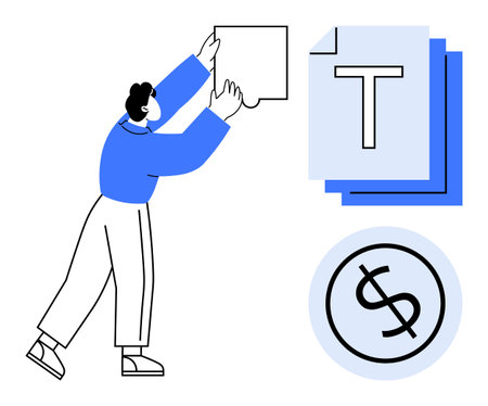 Person placing puzzle piece, blue documents featuring text, and a dollar sign. Ideal for concepts in problem-solving, organization, brainstorming, finance, strategy, teamwork and a simple landingのイラスト素材